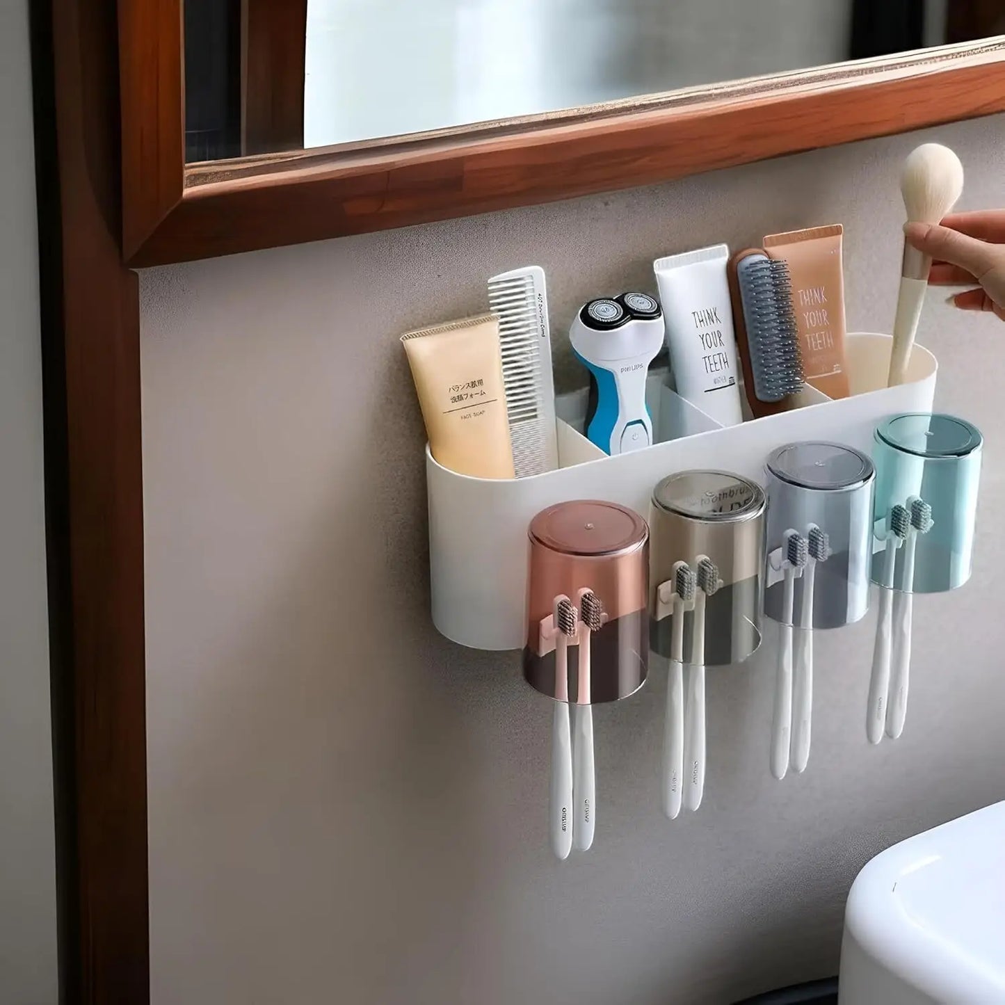 Wall Mounted Toothbrush Holder with 4 Dustproof Cups – Space-Saving Bathroom Organizer: g