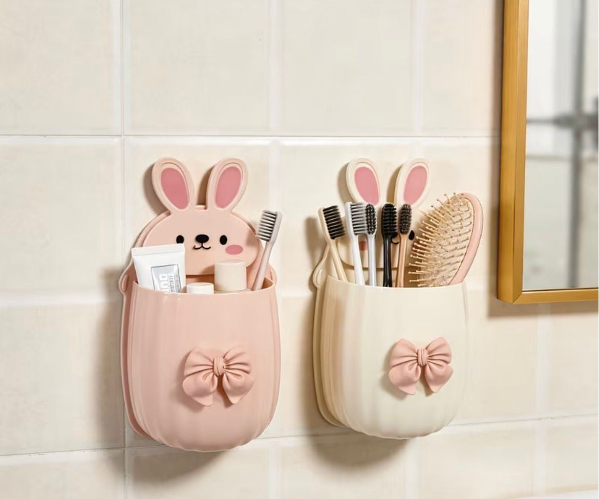 2 PCS Premium Pink & White Bunny Bathroom Toothbrush Holder | Waterproof Wall Mounted Storage Organizer | No Drill Self-Adhesive Bathroom Accessories | Multi-Purpose Holder for Toothbrush, Comb, Razor & Cosmetics