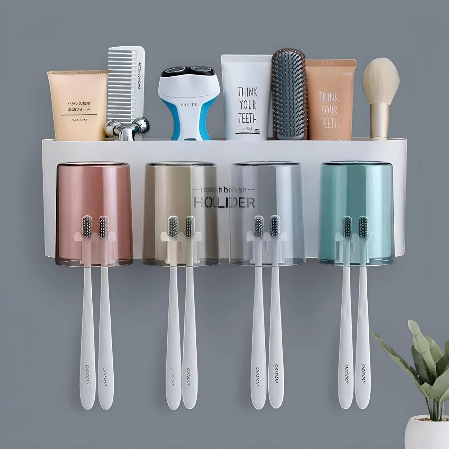 Wall Mounted Toothbrush Holder with 4 Dustproof Cups – Space-Saving Bathroom Organizer: g