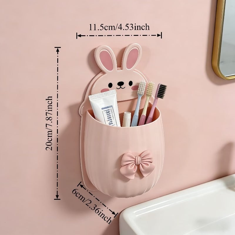 2 PCS Premium Pink & White Bunny Bathroom Toothbrush Holder | Waterproof Wall Mounted Storage Organizer | No Drill Self-Adhesive Bathroom Accessories | Multi-Purpose Holder for Toothbrush, Comb, Razor & Cosmetics
