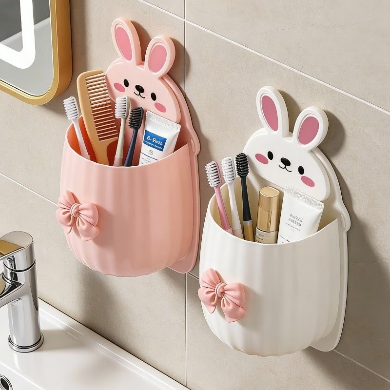 2 PCS Premium Pink & White Bunny Bathroom Toothbrush Holder | Waterproof Wall Mounted Storage Organizer | No Drill Self-Adhesive Bathroom Accessories | Multi-Purpose Holder for Toothbrush, Comb, Razor & Cosmetics