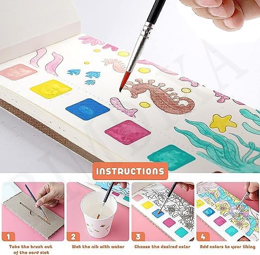 Water Color Painting Book with Brush- Endless Painting, Learning and Fun.
