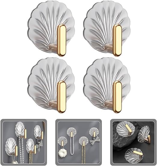 Big Decorative Adhesive Hooks–Gold & Silver Seashell Wall Hangers, No Drilling Needed; f