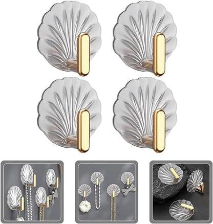 Big Decorative Adhesive Hooks–Gold & Silver Seashell Wall Hangers, No Drilling Needed; g