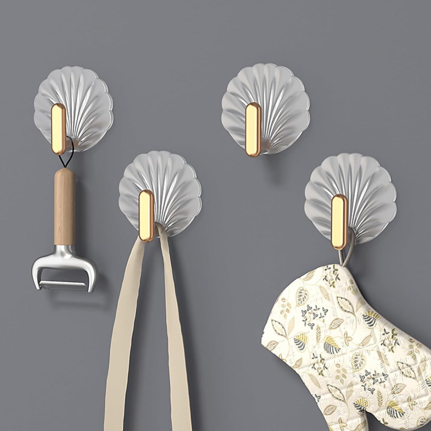 Big Decorative Adhesive Hooks–Gold & Silver Seashell Wall Hangers, No Drilling Needed; f