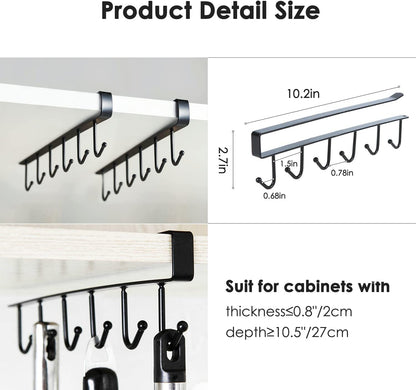 Under-Shelf 6-Hook Mug & Cup Holder Rack (pack of 2)– Space-Saving Kitchen Cabinet Organizer,g