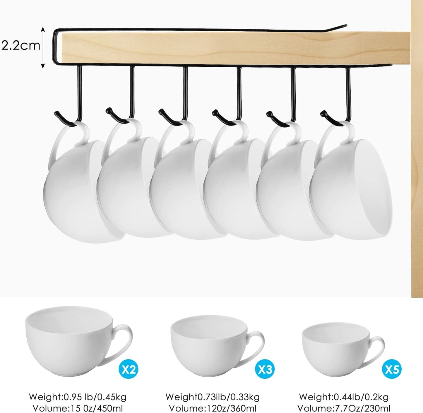 Under-Shelf 6-Hook Mug & Cup Holder Rack (pack of 2)– Space-Saving Kitchen Cabinet Organizer,f