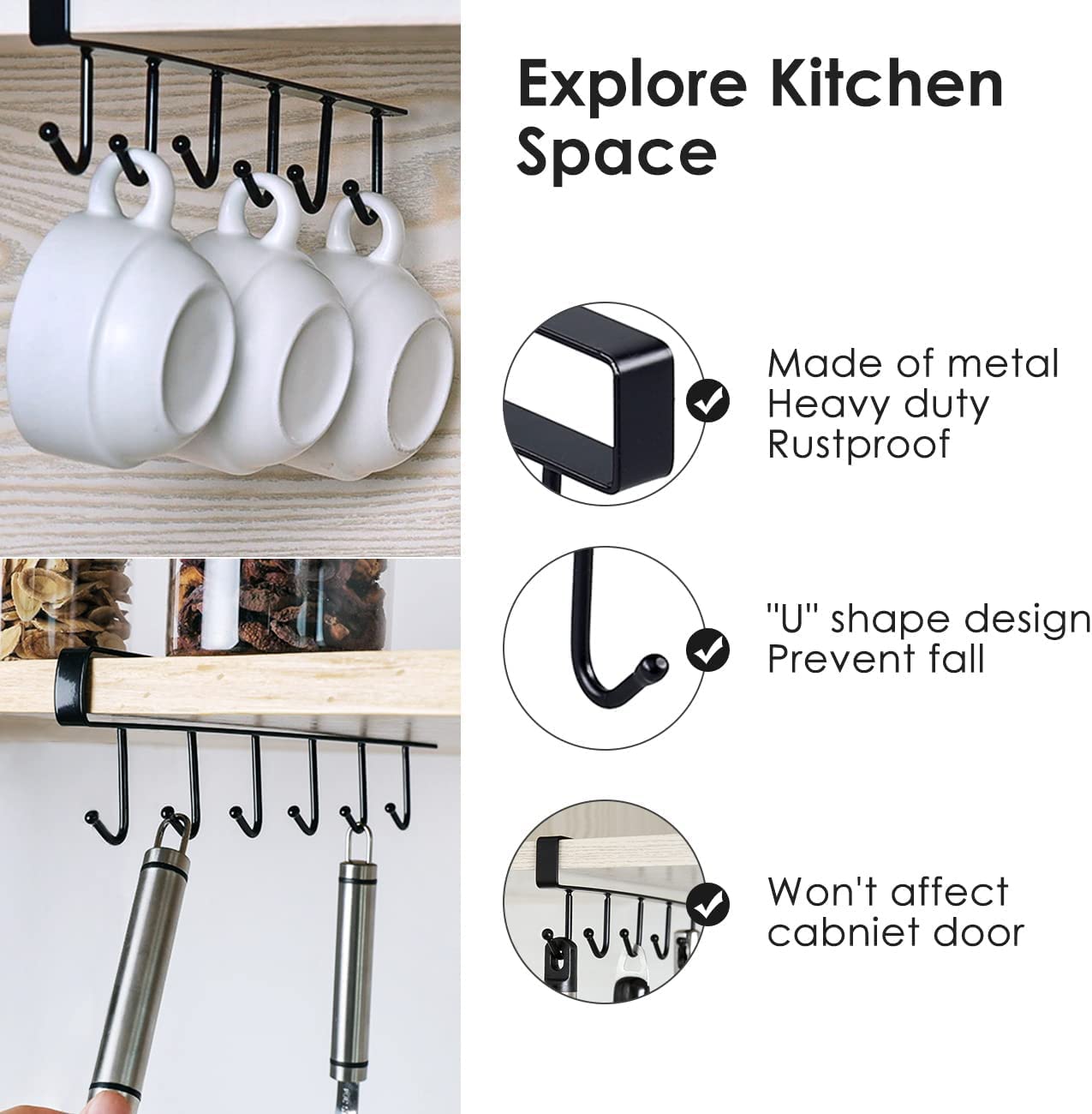 Under-Shelf 6-Hook Mug & Cup Holder Rack (pack of 2)– Space-Saving Kitchen Cabinet Organizer,f