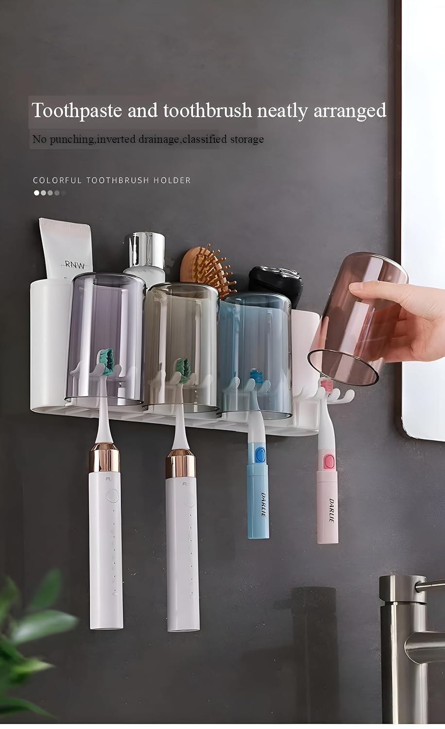 Wall Mounted Toothbrush Holder with 4 Dustproof Cups – Space-Saving Bathroom Organizer: g