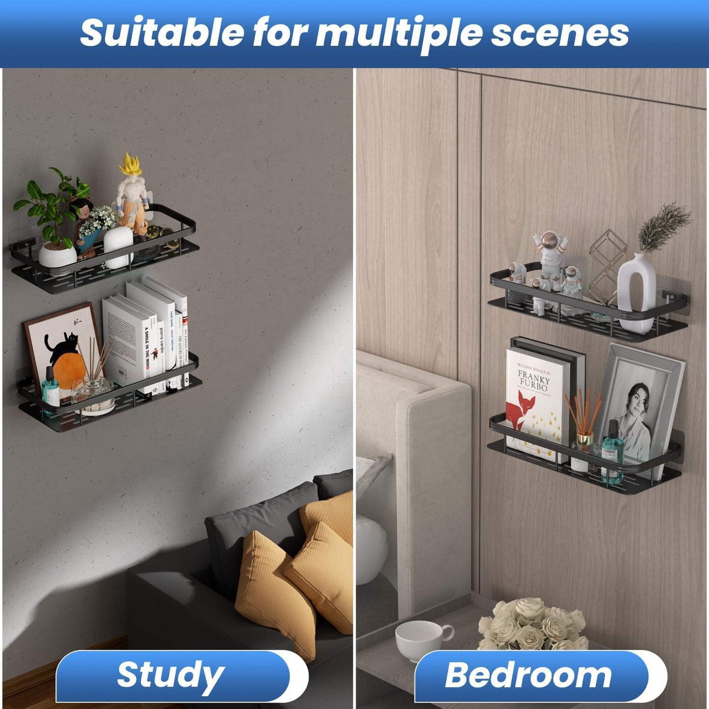 Premium Metal Home & Bathroom Wall Shelf Organiser, Black. -f