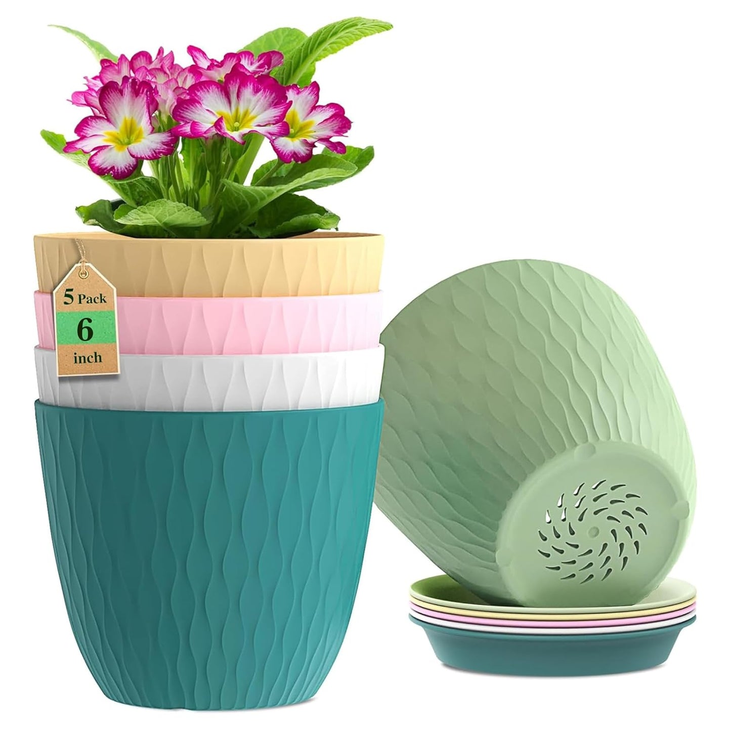 (Pack of 5) 6-Inch Unbreakable Plastic Flower Pots with Drainage & Saucers – Indoor & Outdoor Planters;f