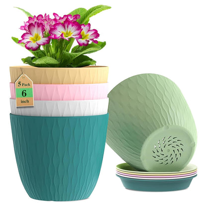 (Pack of 5) 6-Inch Unbreakable Plastic Flower Pots with Drainage & Saucers – Indoor & Outdoor Planters;f