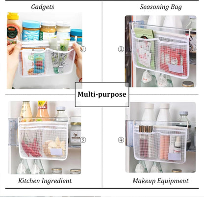 Hanging Mesh Storage Organizer – Multi-Compartment Refrigerator & Kitchen Storage Bag with Hooks; f