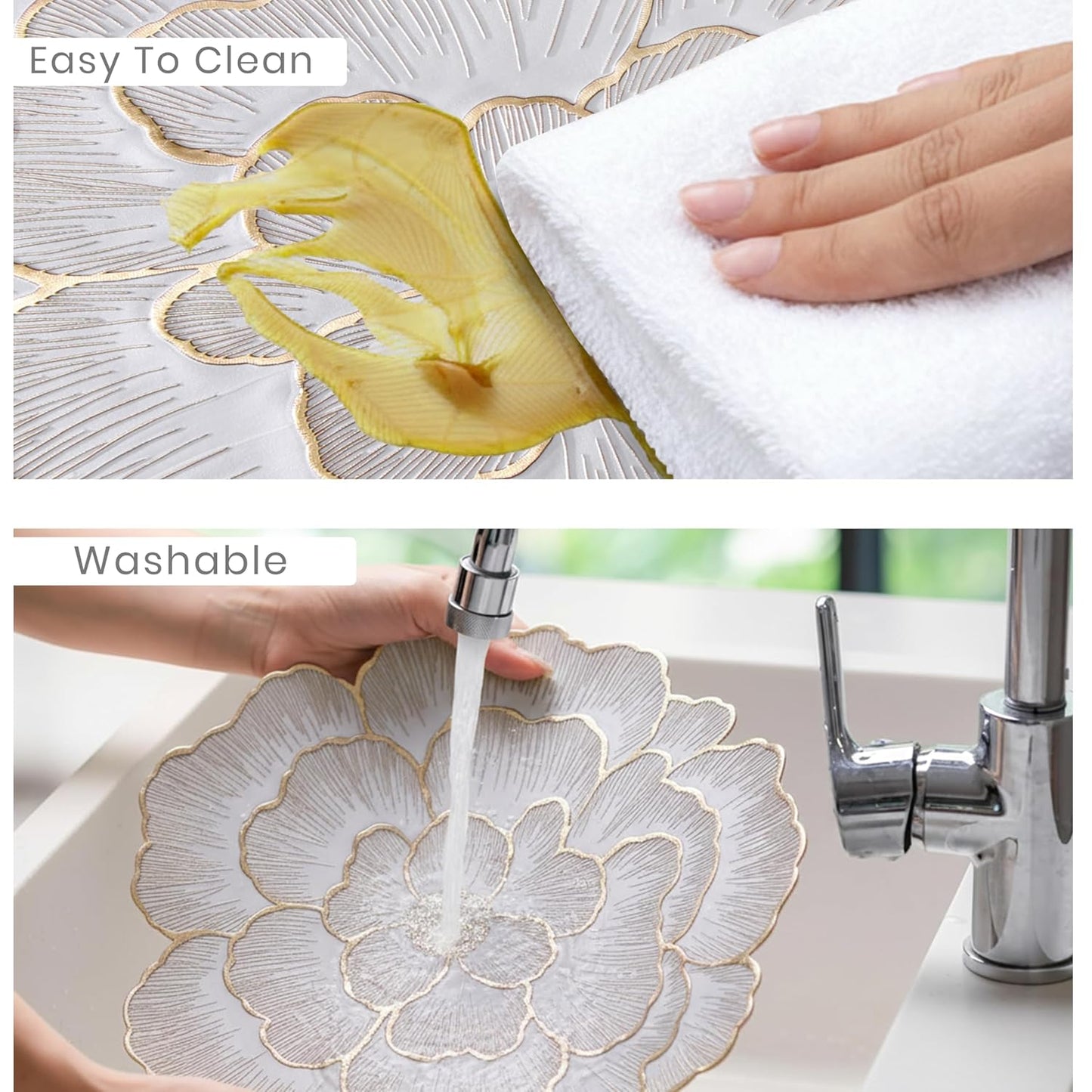 Luxury Floral Golden Round PVC Placemat | Waterproof & Anti-Skid;f