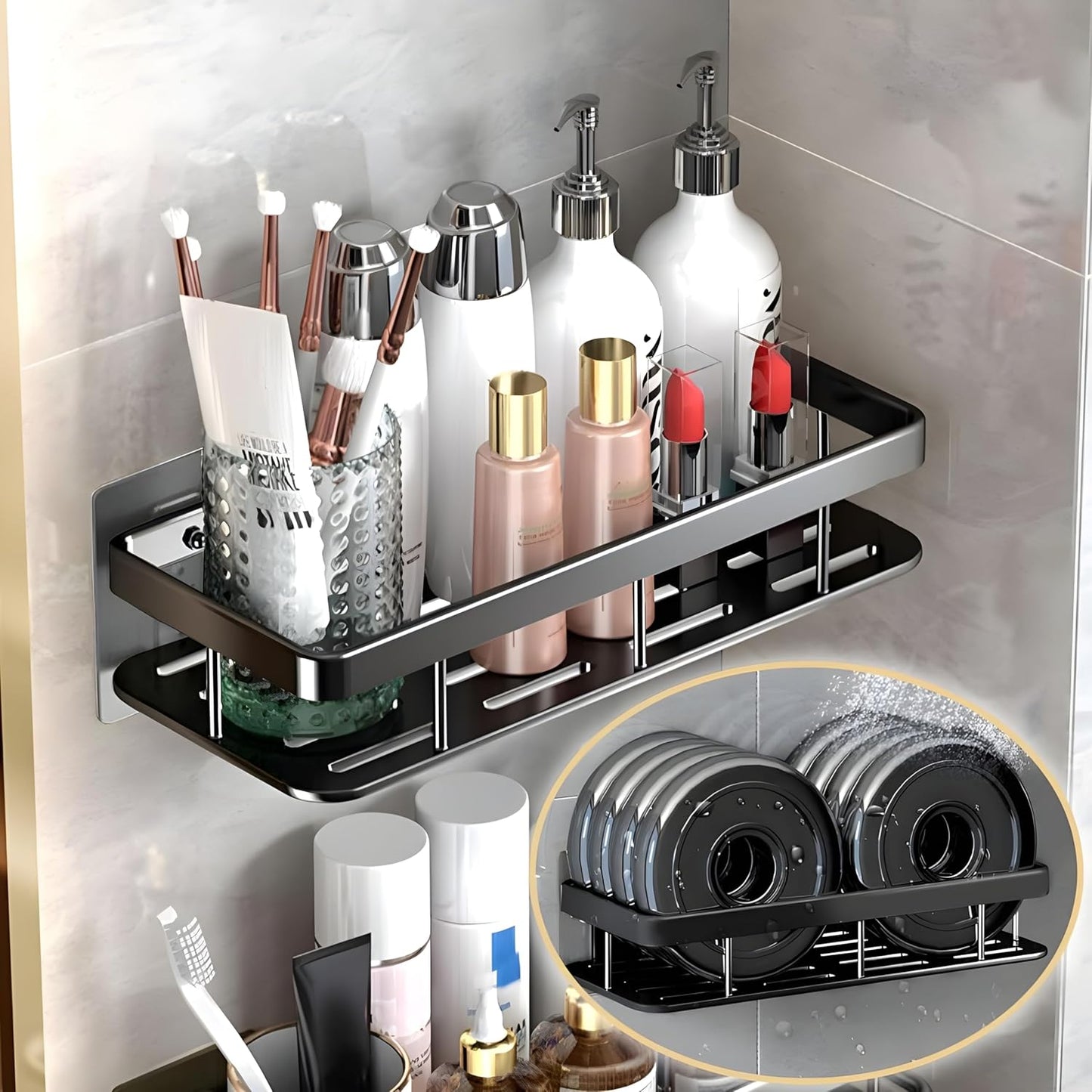 Premium Metal Home & Bathroom Wall Shelf Organiser, Black. -f