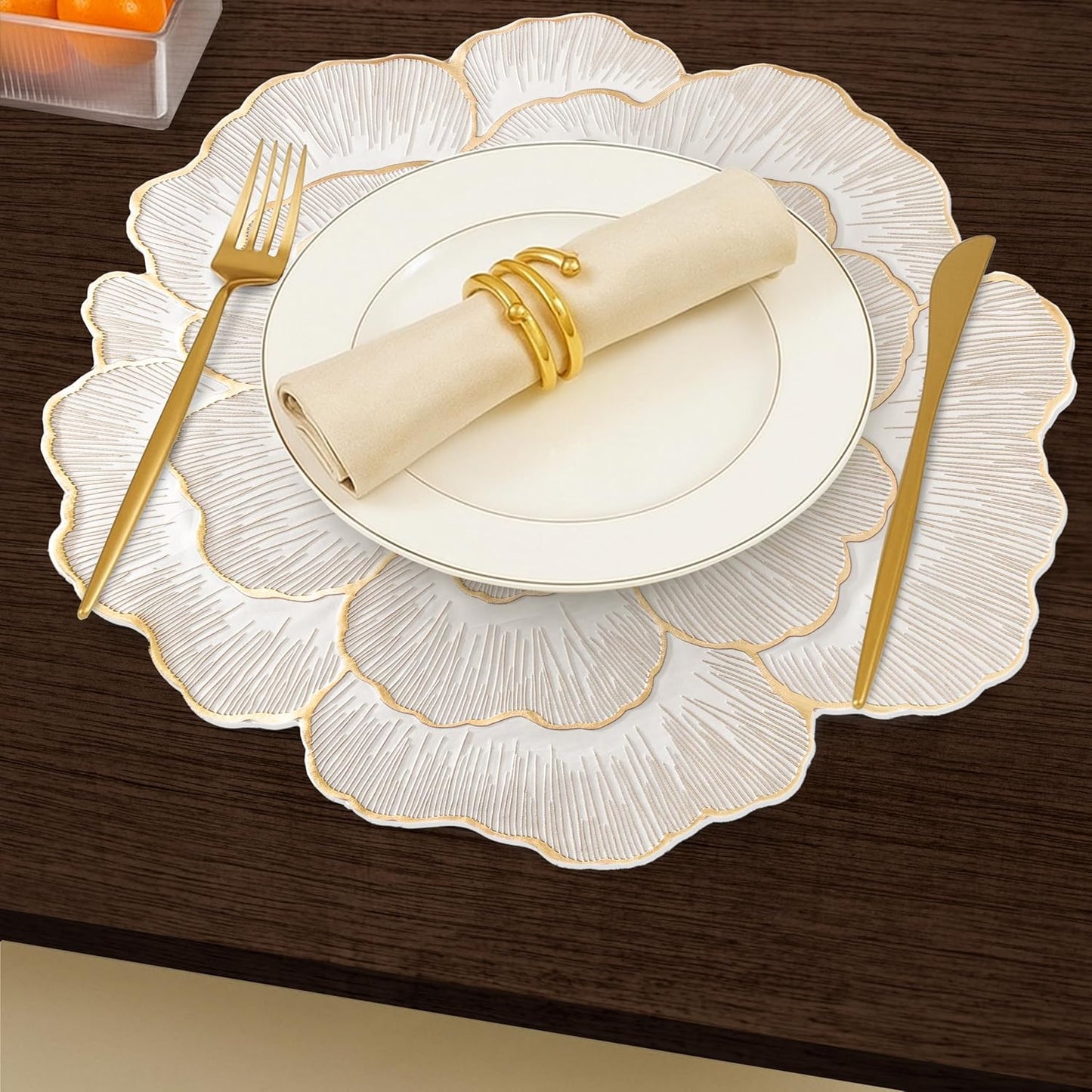 Luxury Floral Golden Round PVC Placemat | Waterproof & Anti-Skid;f