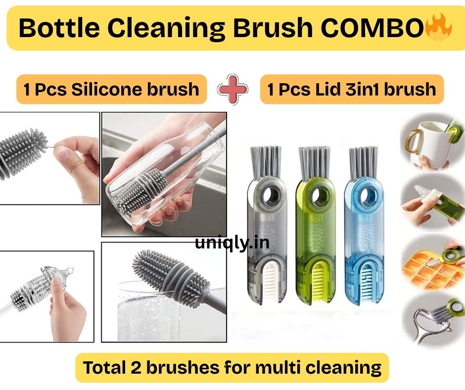 Bottle Cleaning Brush Combo- 1 long silicone brush + 1 bottle lid cleaning brush .f