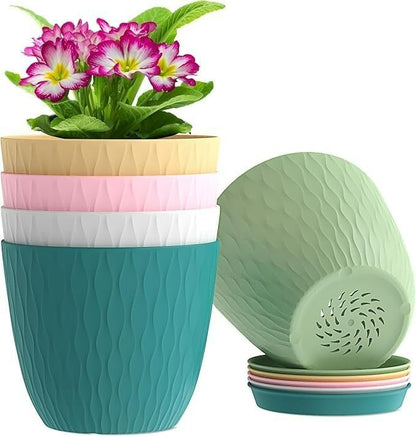 (Pack of 5) 6-Inch Unbreakable Plastic Flower Pots with Drainage & Saucers – Indoor & Outdoor Planters;f