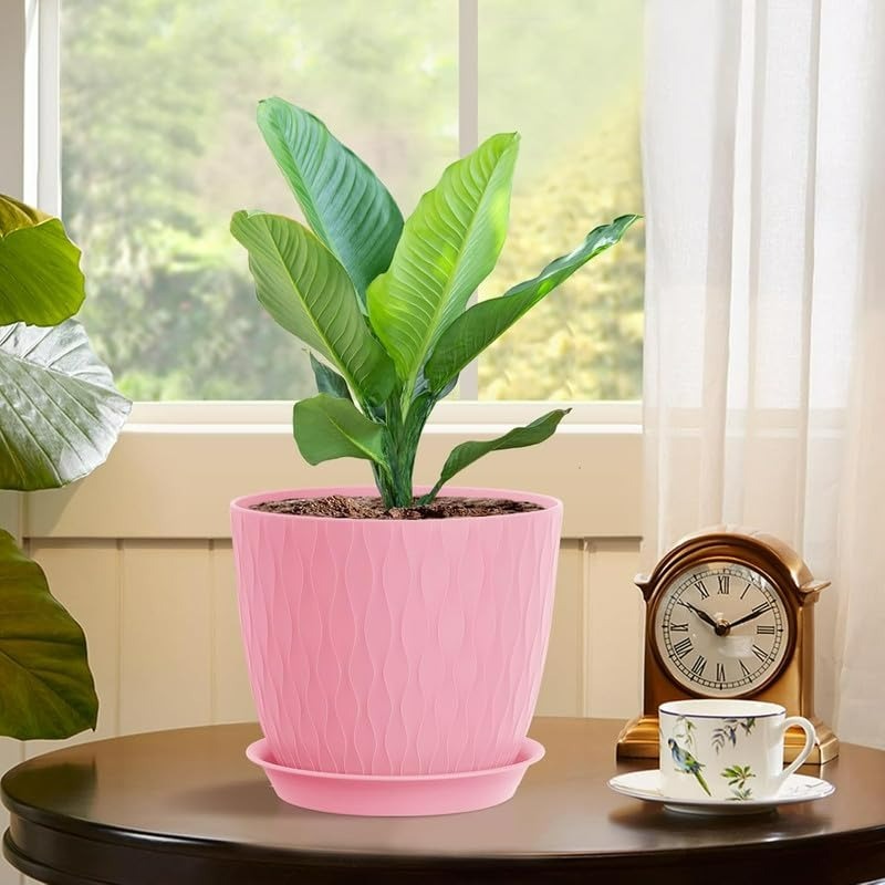 (Pack of 5) 6-Inch Unbreakable Plastic Flower Pots with Drainage & Saucers – Indoor & Outdoor Planters;g