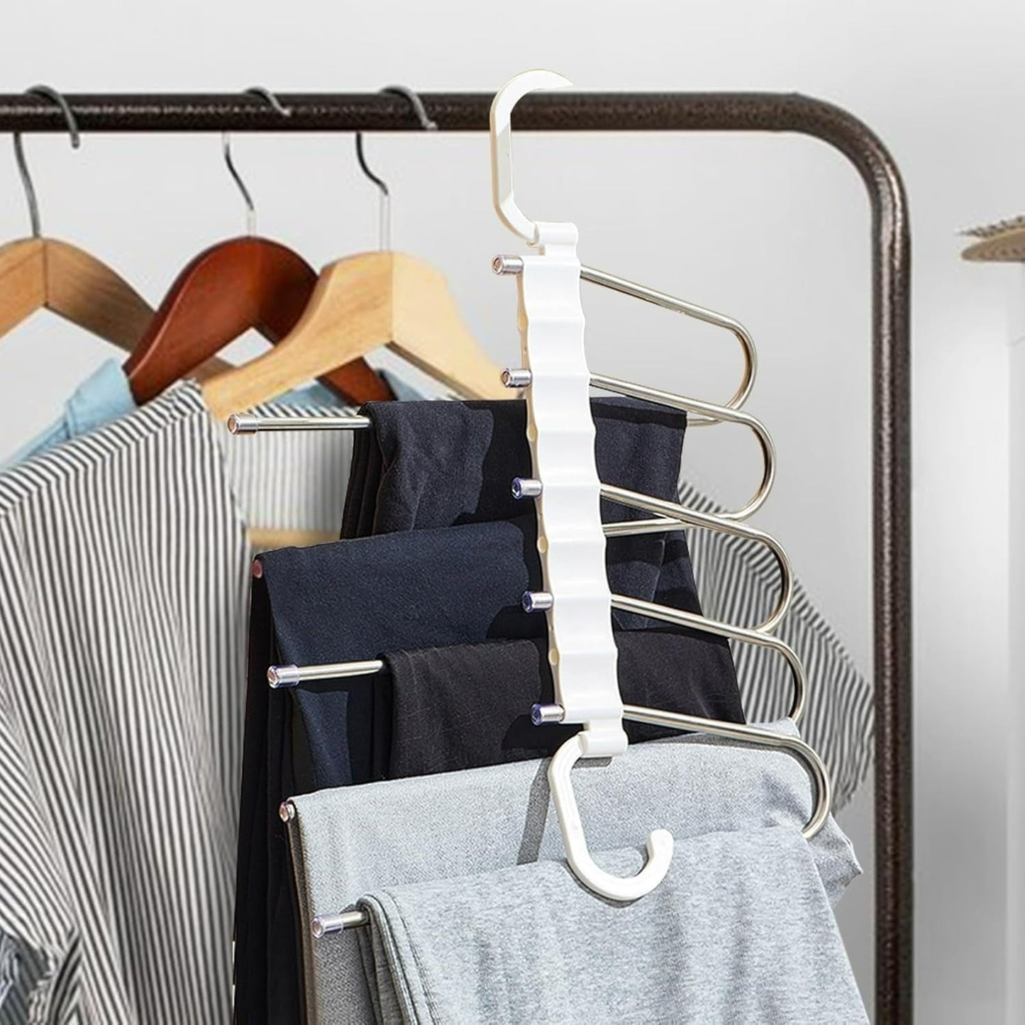 5-in-1 Foldable Steel Clothes Hanger –Space Saving Multi-Layer Organizer for Wardrobe; g