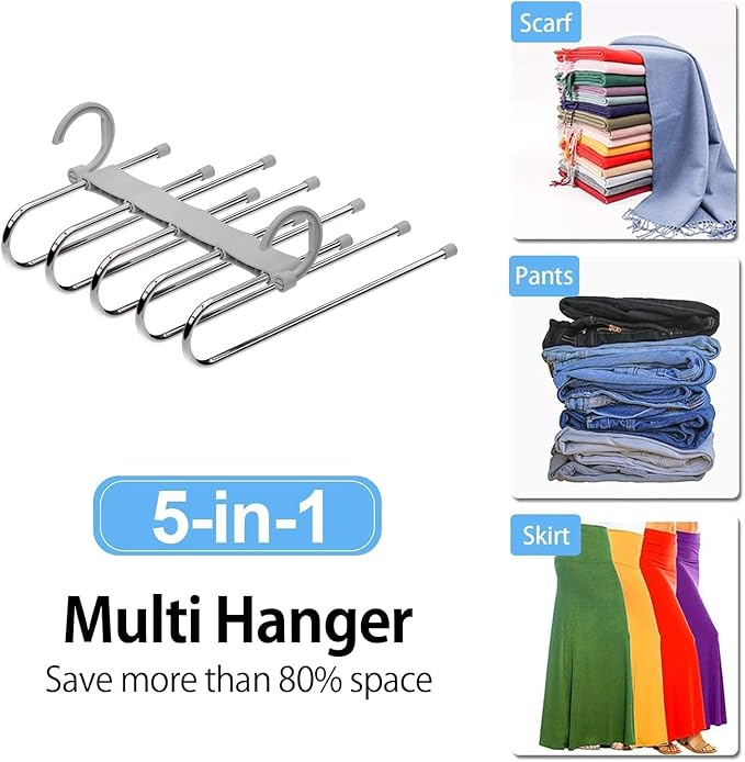 5-in-1 Foldable Steel Clothes Hanger –Space Saving Multi-Layer Organizer for Wardrobe; g