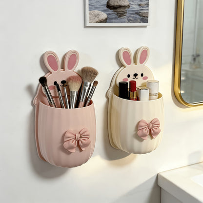 2 PCS Premium Pink & White Bunny Bathroom Toothbrush Holder | Waterproof Wall Mounted Storage Organizer | No Drill Self-Adhesive Bathroom Accessories | Multi-Purpose Holder for Toothbrush, Comb, Razor & Cosmetics