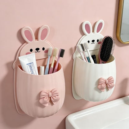 2 PCS Premium Pink & White Bunny Bathroom Toothbrush Holder | Waterproof Wall Mounted Storage Organizer | No Drill Self-Adhesive Bathroom Accessories | Multi-Purpose Holder for Toothbrush, Comb, Razor & Cosmetics