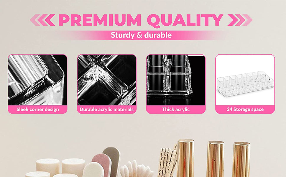 24 Slot Lipstick & Nail Polish Organizer – Transparent Makeup Storage Holder; f