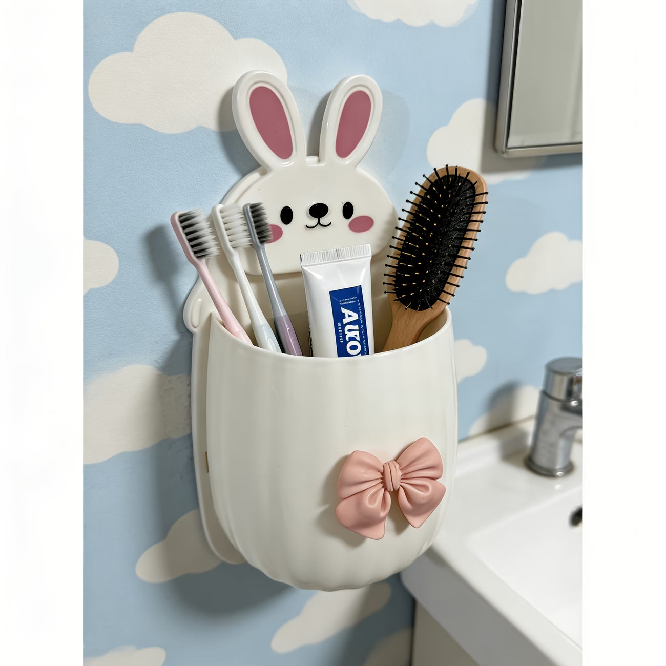 2 PCS Premium Pink & White Bunny Bathroom Toothbrush Holder | Waterproof Wall Mounted Storage Organizer | No Drill Self-Adhesive Bathroom Accessories | Multi-Purpose Holder for Toothbrush, Comb, Razor & Cosmetics