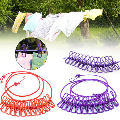 Cloth Drying Rope -with attached hooks & 12 clips