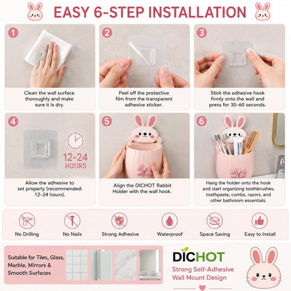 2 PCS Premium Pink & White Bunny Bathroom Toothbrush Holder | Waterproof Wall Mounted Storage Organizer | No Drill Self-Adhesive Bathroom Accessories | Multi-Purpose Holder for Toothbrush, Comb, Razor & Cosmetics